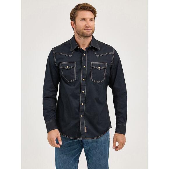MEN'S WRANGLER RETRO® LONG SLEEVE WESTERN SNAP SOLID DOBBY SHIRT - Picture 7 of 8